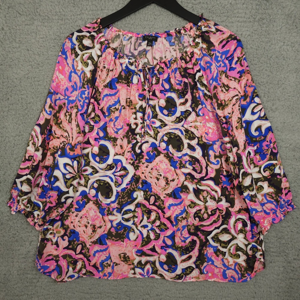 Talbots Shirt Womens XLP Petite Pink Blue Floral Ruffle Trim Keyhole Neck Blouse